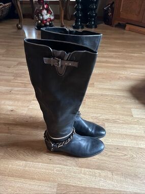 Over-the-Knee Buckle & Chain Riding Boots - Black